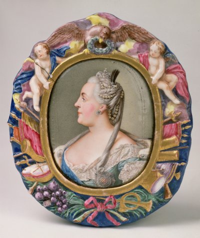 Catharina II (1729-96) naar een portret van Feodor Rokotov, emaille en koper, lijst van de Keizerlijke Porseleinfabriek, Sint-Petersburg door Andrei Ivanovich Chernyi